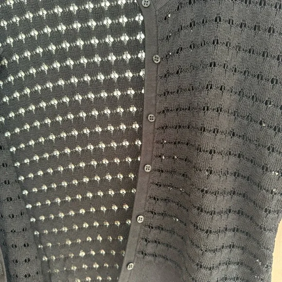 Sandro Viana Noir Lightweight Pointelle Button Up Scallop Edge Cardigan Sweater - Picture 6 of 12